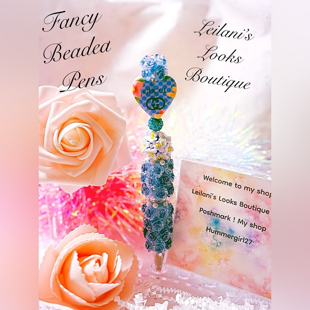 Fancy beaded pen/gifts/blue flowers/blue heart/blue beads
